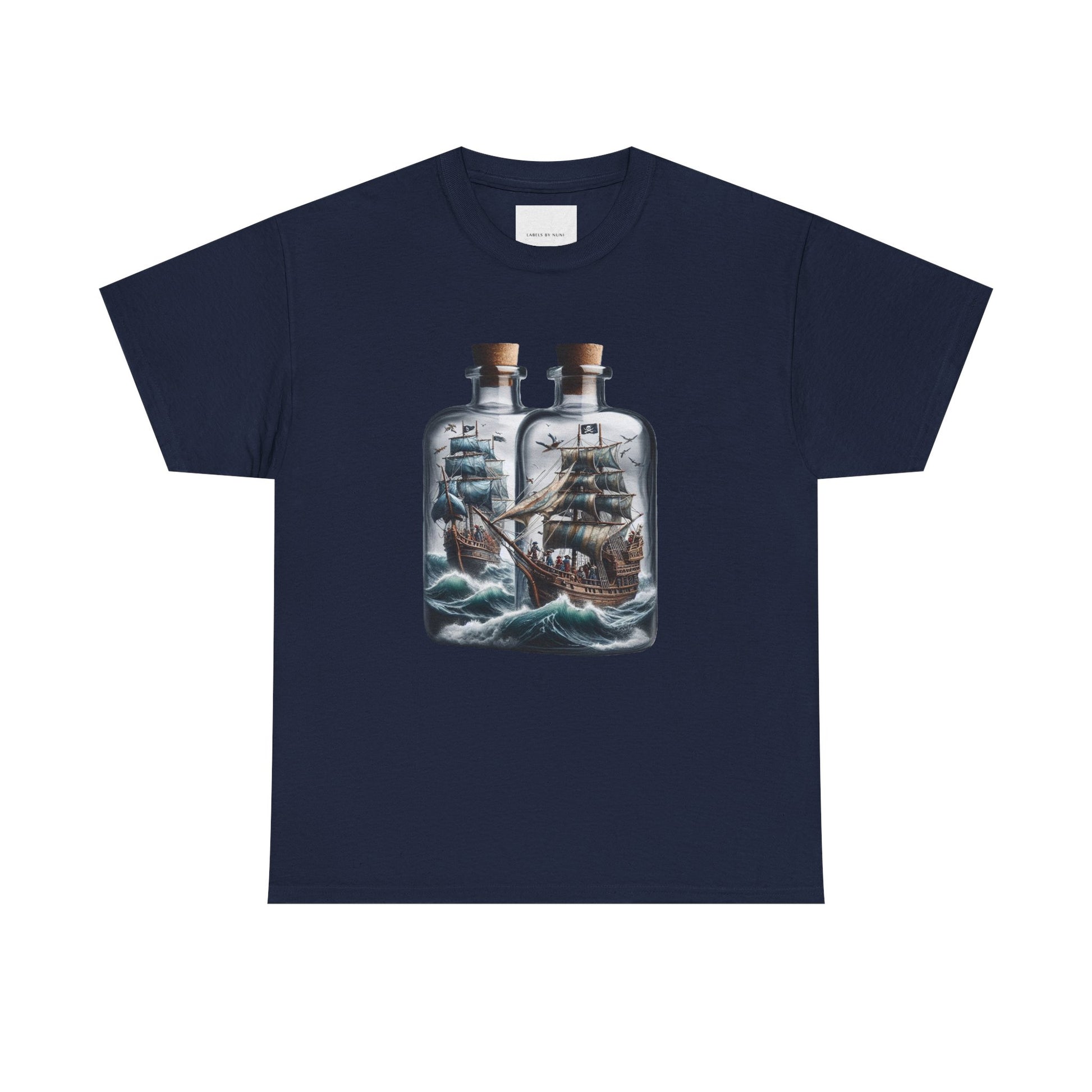 Nautical Tee with Ships in Bottles Design