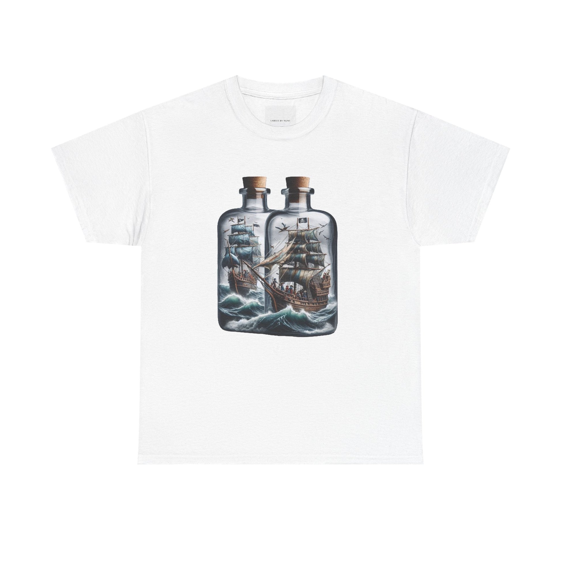 Nautical Tee with Ships in Bottles Design