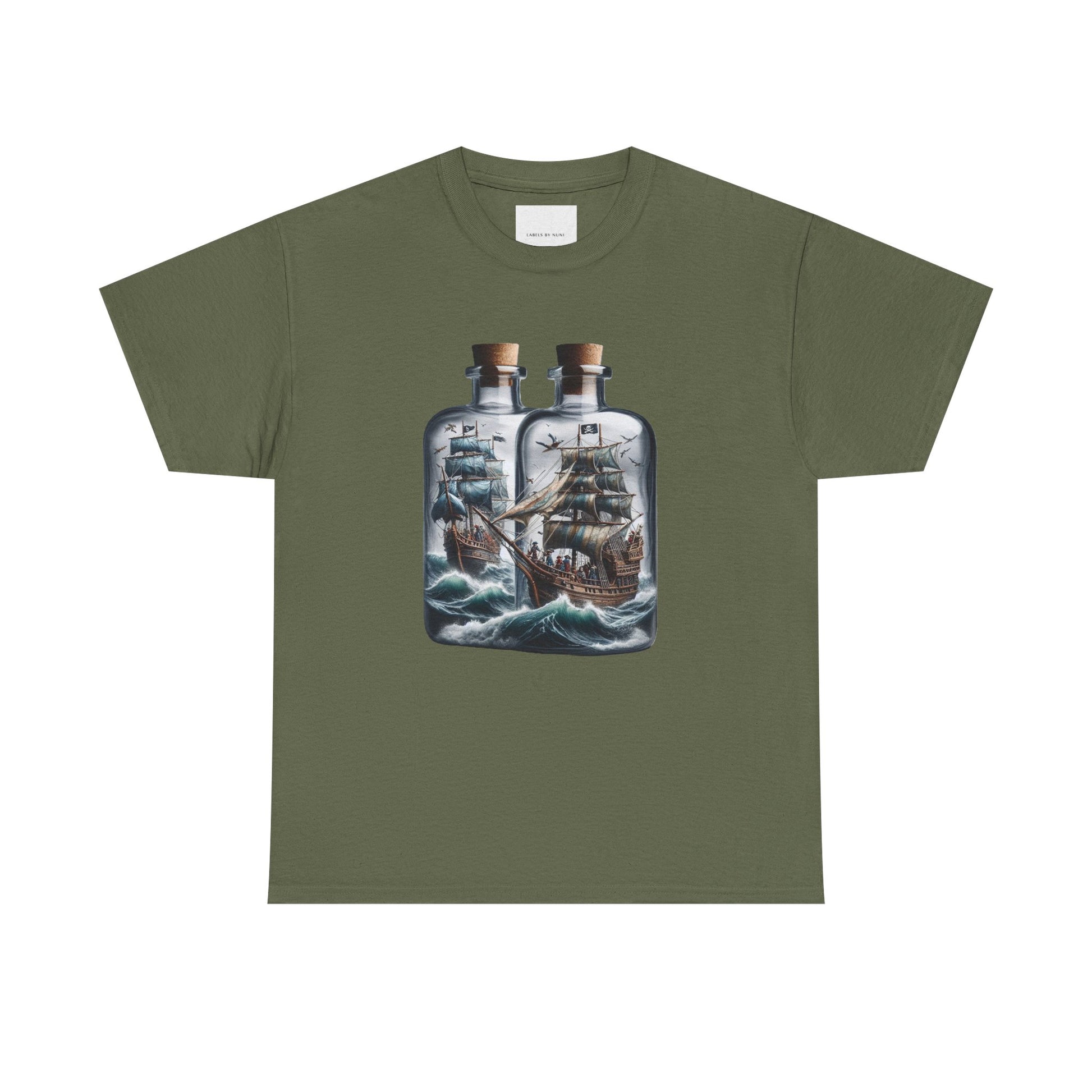 Nautical Tee with Ships in Bottles Design